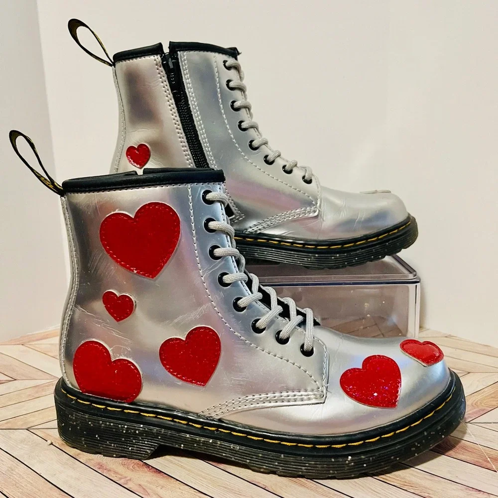 Dr Martens 1460 J Glitter Star Patent Lace Up Zip Boots Kids 3 Silver Red Hearts